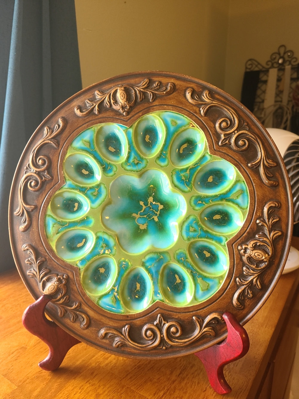 VTG MCM Treasure Craft Deviled Egg Plate Turquoise Drip Glaze Gold 1960s Ceramic
